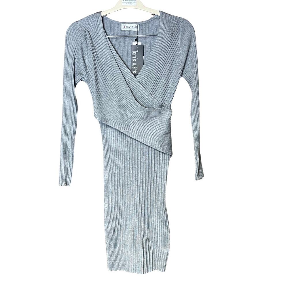 Tom’s ware sweater dress gray long sleeve crisscross ribbed vneck size XL